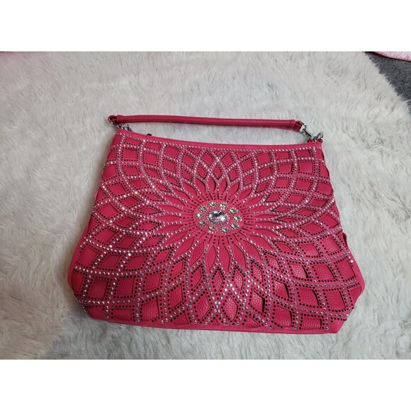 Fuchsia Boho Flower Sunburst Rhinestone Hobo Handbag & Matching Wallet Set - Picture 11 of 11